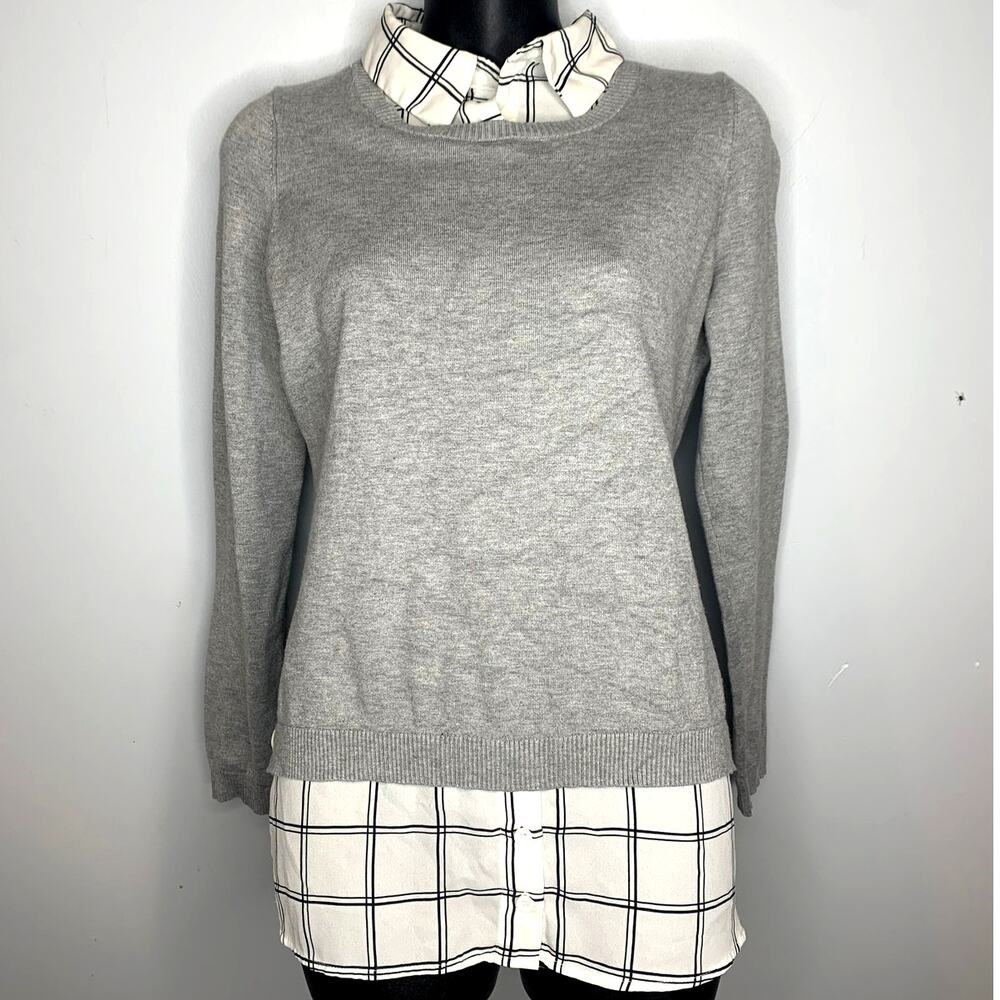 Adrianna Papell Women's Small Long Sleeve Layered Sweater Pullover Plaid Collar